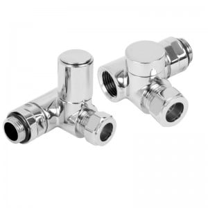 Angled Chrome Dual Fuel Radiator Valves, Round Type, Solid Brass, 1/2″ BSP 15mm. For Heated Towel Rails / Warmers