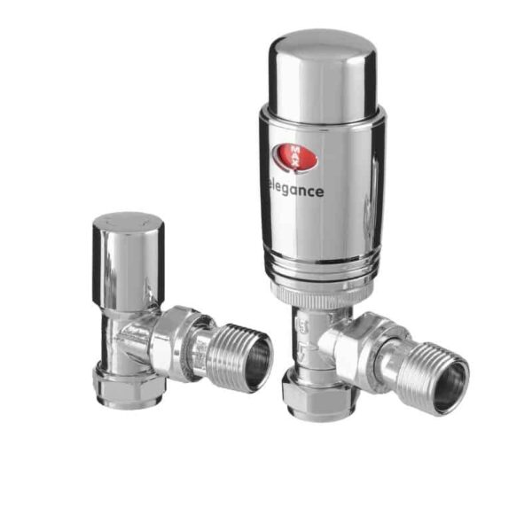 Quality Angled Chrome Thermostatic Radiator Valves, Solid Brass, 1/2″ BSP 15mm. For Heated Towel Rails / Designer Radiators