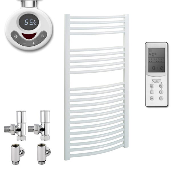 Curved White Dual Fuel Thermostatic Towel Rail | With Timer, Remote