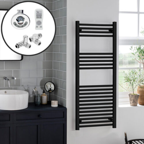 Bray Black Straight Towel Warmer / Heated Towel Rail Radiator – Dual Fuel, Thermostat + Timer Best Quality & Price, Energy Saving / Economic To Run Buy Online From Adax SolAire UK Shop