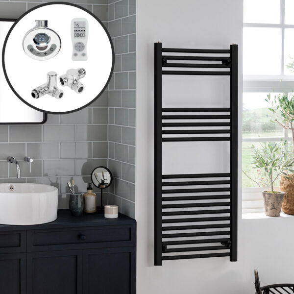 Bray Black Straight Towel Warmer / Heated Towel Rail Radiator – Dual Fuel, Thermostat + Timer Best Quality & Price, Energy Saving / Economic To Run Buy Online From Adax SolAire UK Shop 3