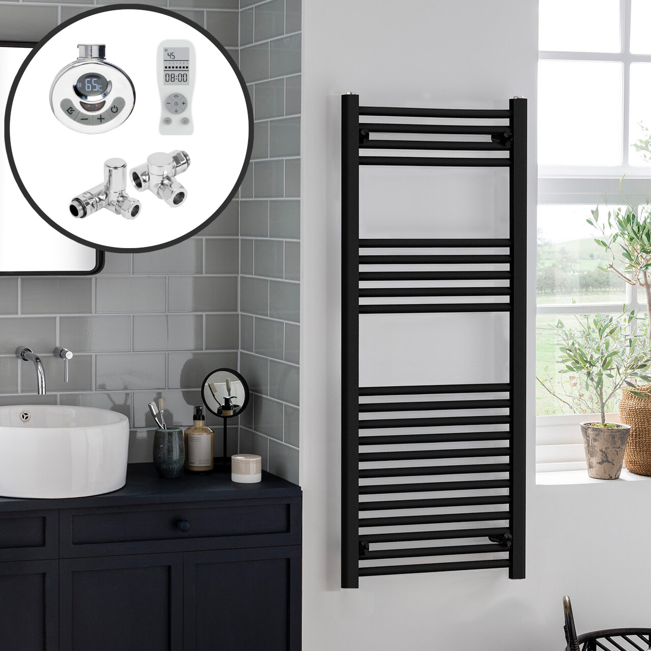 Bray Black Straight Towel Warmer / Heated Towel Rail Radiator – Dual Fuel, Thermostat + Timer Best Quality & Price, Energy Saving / Economic To Run Buy Online From Adax SolAire UK Shop