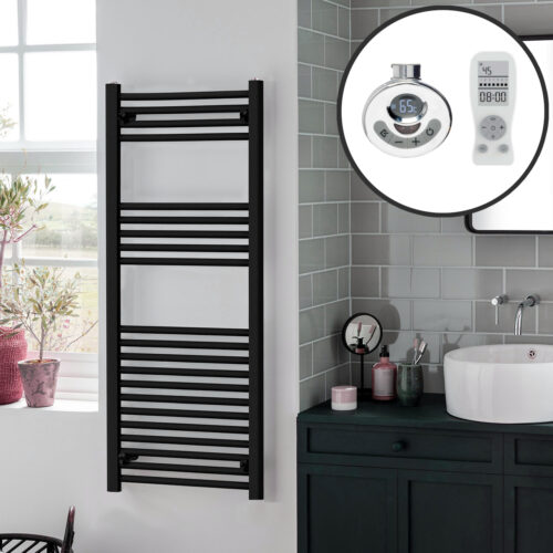 Bray Black Straight Towel Warmer / Heated Towel Rail Radiator – Electric, Thermostat + Timer Best Quality & Price, Energy Saving / Economic To Run Buy Online From Adax SolAire UK Shop