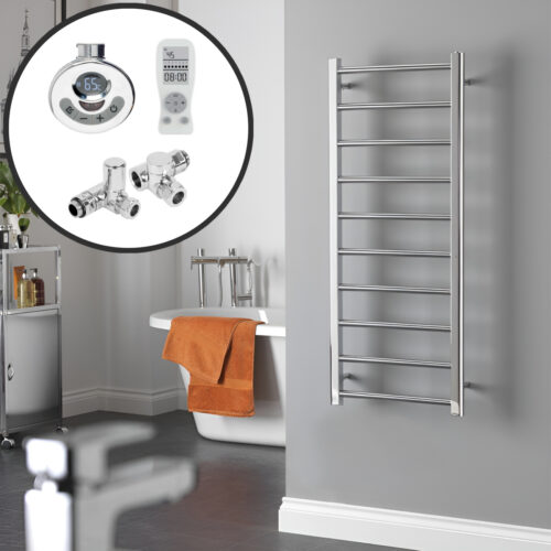 Alpine Chrome Modern Towel Warmer / Heated Towel Rail – Dual Fuel, Thermostat + Timer Best Quality & Price, Energy Saving / Economic To Run Buy Online From Adax SolAire UK Shop