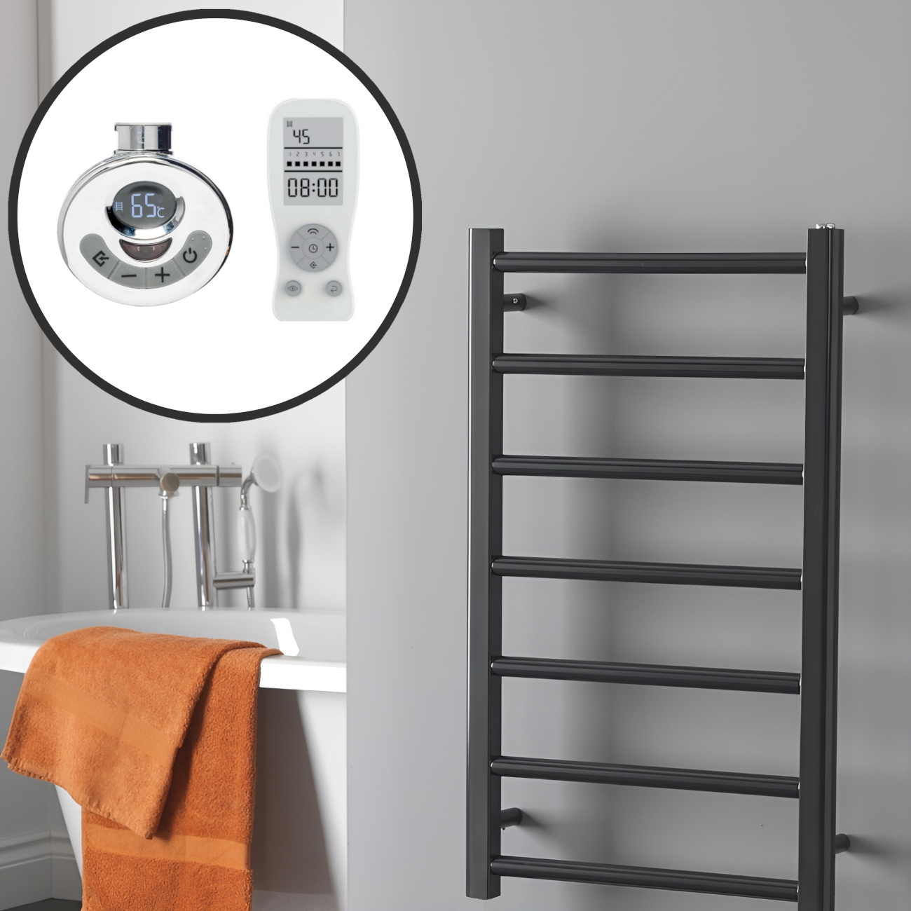 Alpine Anthracite Heated Towel Rail / Warmer – Electric + Thermostat, Timer Best Quality & Price, Energy Saving / Economic To Run Buy Online From Adax SolAire UK Shop