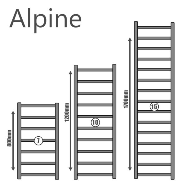 Alpine Modern Heated Towel Rail Warmer Radiator, Round Tube Chrome - Size Guide