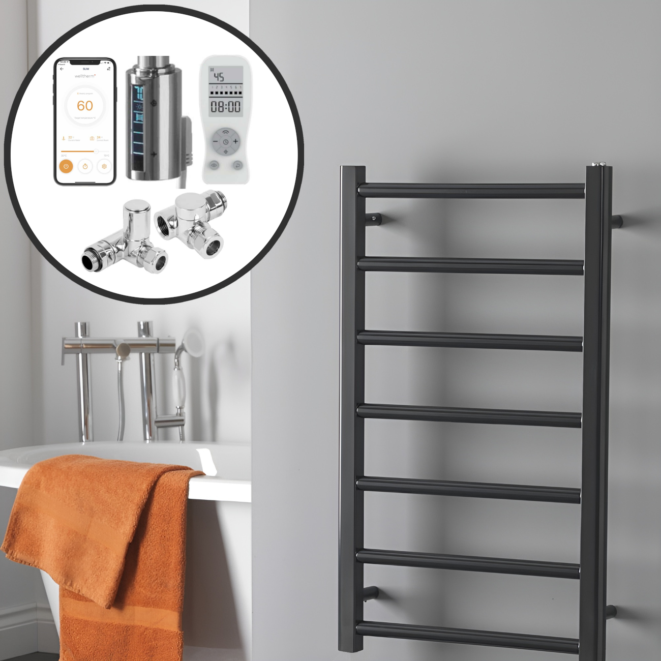 Alpine Anthracite | Dual Fuel Towel Rail with Thermostat, Timer + WiFi Control Best Quality & Price, Energy Saving / Economic To Run Buy Online From Adax SolAire UK Shop