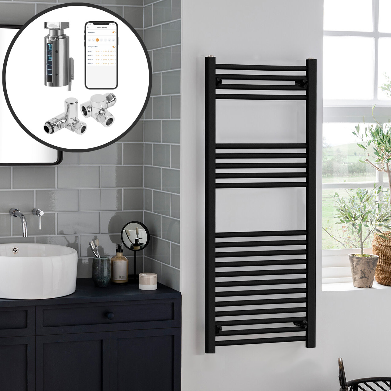 Bray Black | Dual Fuel Towel Rail with Thermostat, Timer + WiFi Control Best Quality & Price, Energy Saving / Economic To Run Buy Online From Adax SolAire UK Shop