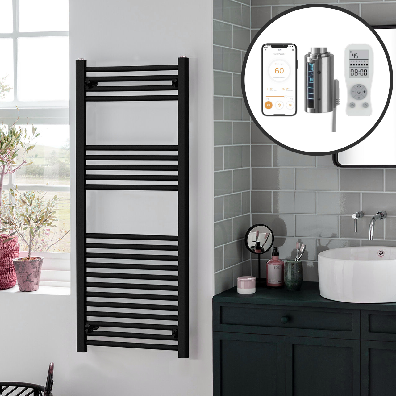 Bray Straight Black | Smart Electric Towel Rail with Thermostat, Timer + WiFi Control Best Quality & Price, Energy Saving / Economic To Run Buy Online From Adax SolAire UK Shop