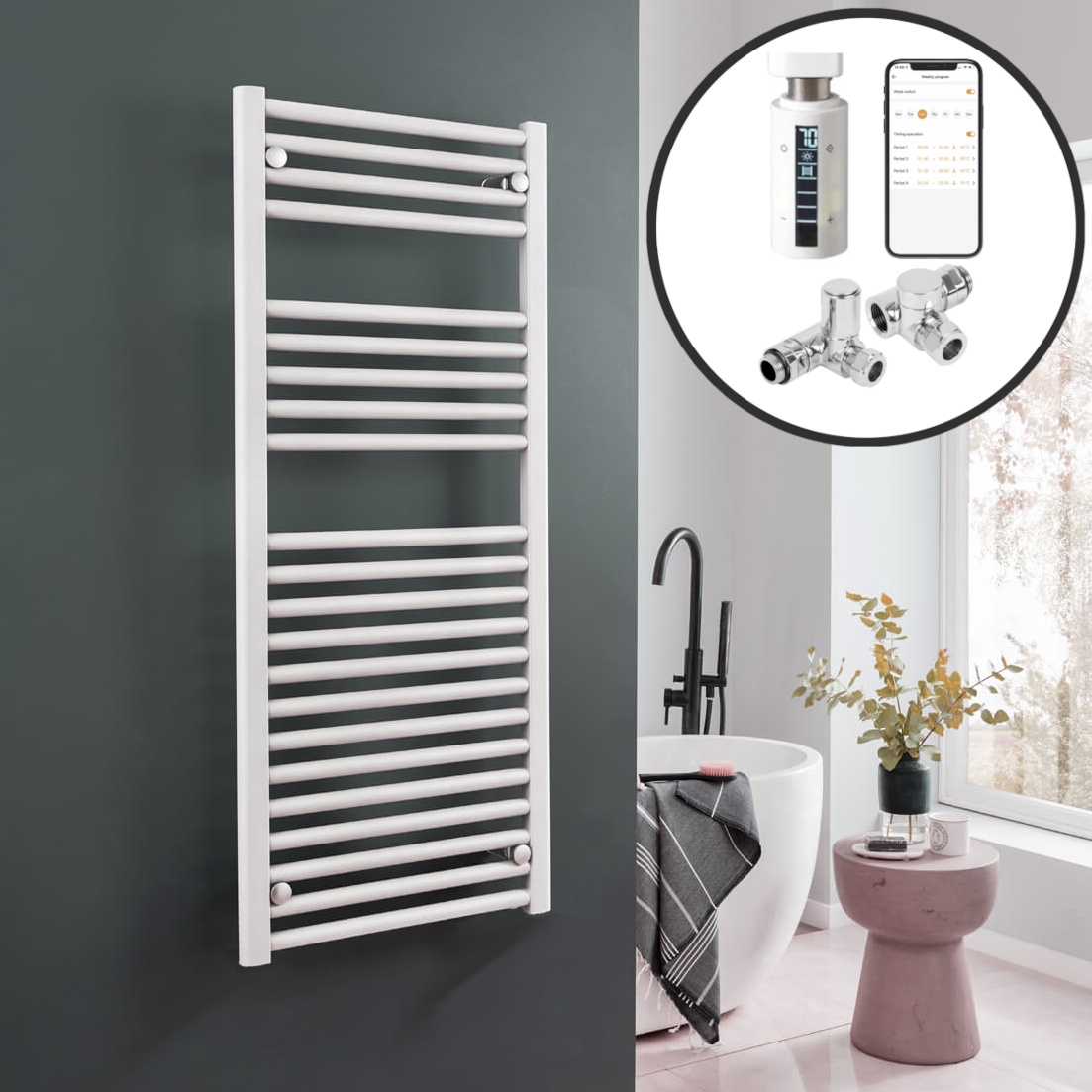 Bray Straight White | Dual Fuel Towel Rail with Thermostat, Timer + WiFi Control Best Quality & Price, Energy Saving / Economic To Run Buy Online From Adax SolAire UK Shop 2