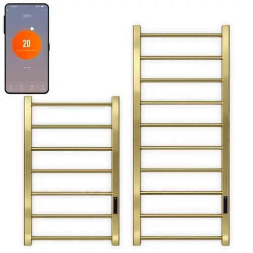SolAire Alpine Brushed Brass Gold Dry Electric Towel Rail with Thermostat Timer and WiFi
