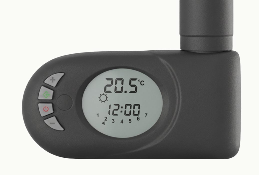 ADAX Musa Eco controller in black, factory mounted bottom right, 7 day programmable timer with thermostatic control