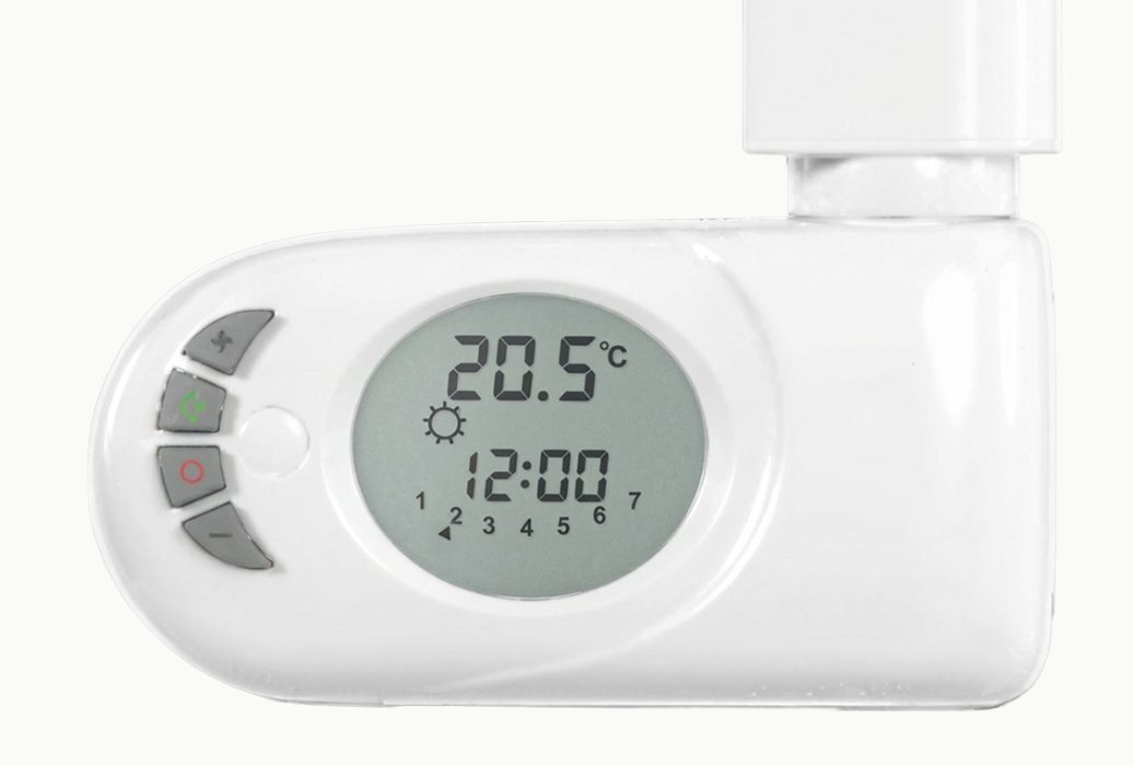 ADAX Musa Eco controller in white, factory mounted bottom right, 7 day programmable timer with thermostatic control
