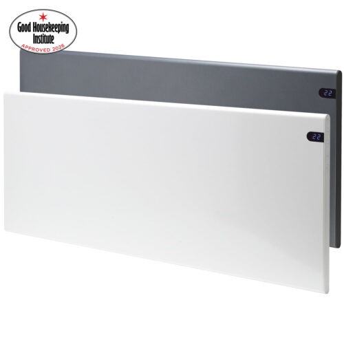 ADAX Neo NP electric panel heaters in white and lava grey with Good Housekeeping Institute Approved 2026 badge